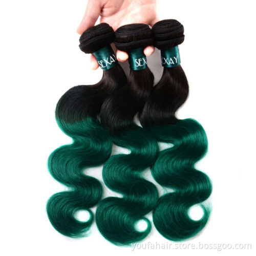 Wholesale Brazilian Virgin Human Hair Ombre Color 1b/green Body Wave Hair Bundles with Lace Closure Mink Unprocessed Hair Bundle